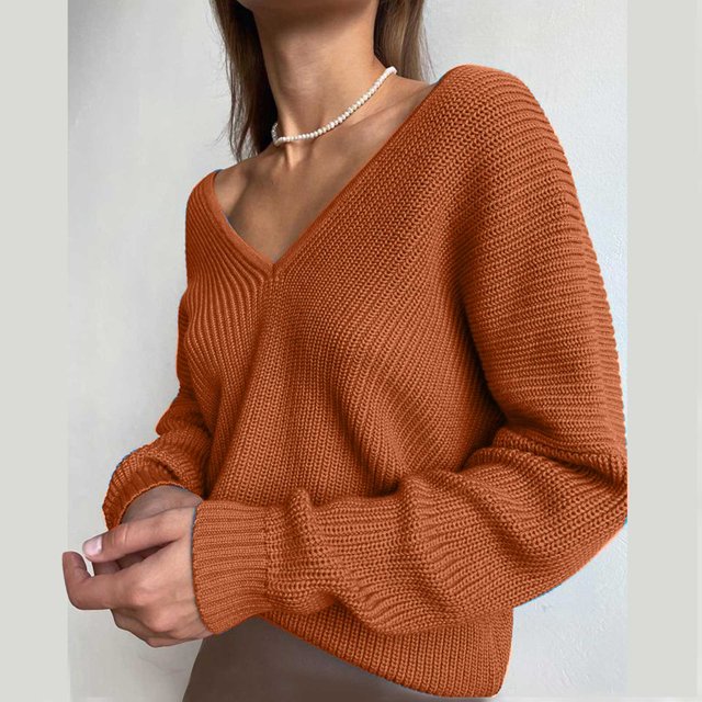 EGNMCR Chandails pour Femmes Mode Chandail Décontracté à Manches Longues Uni Tricoté à Col en V
