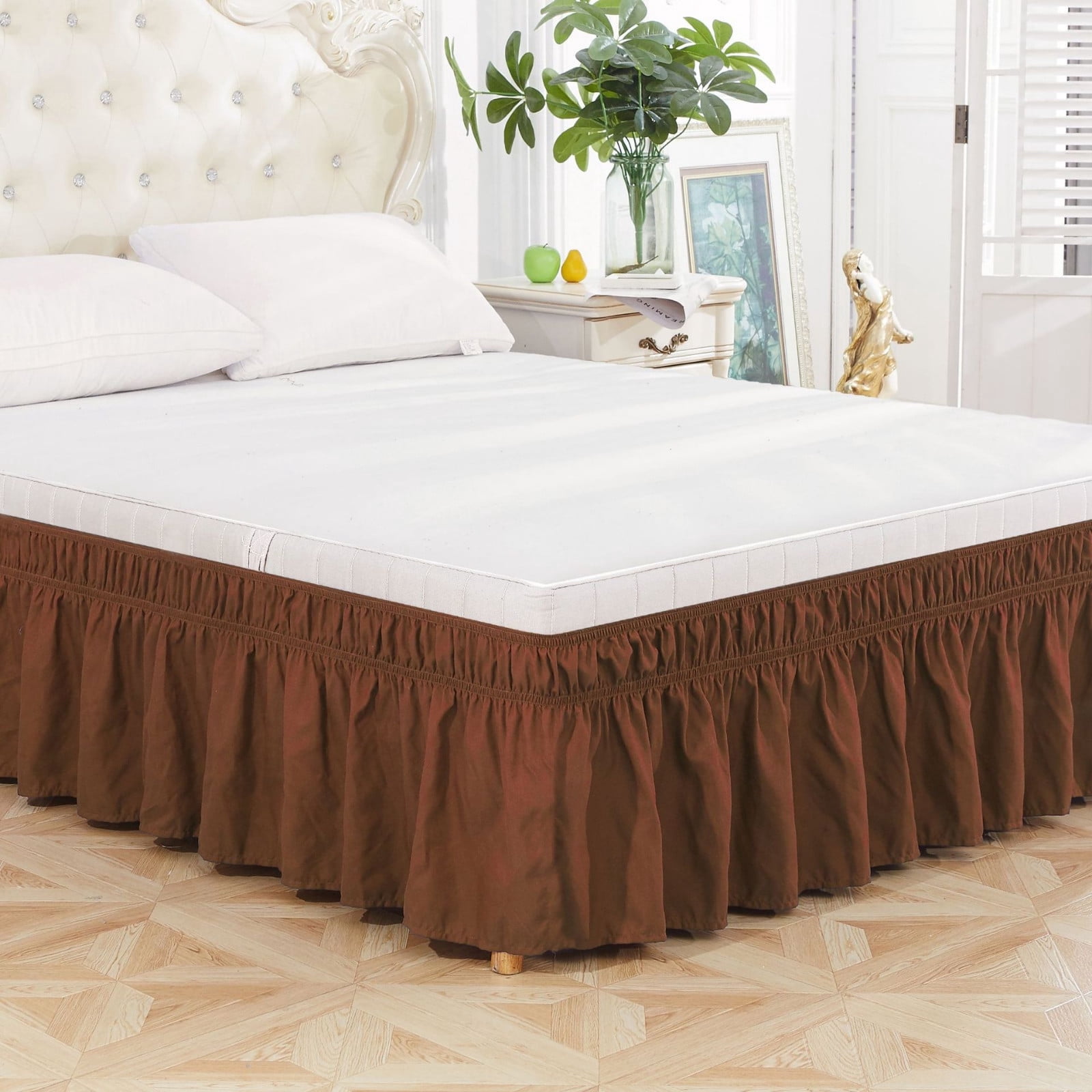 Bed Skirt Wrap Around with Elastic Ruffles, King Size Pleated Design with Elastic Belt, Washable for Bedroom Decor