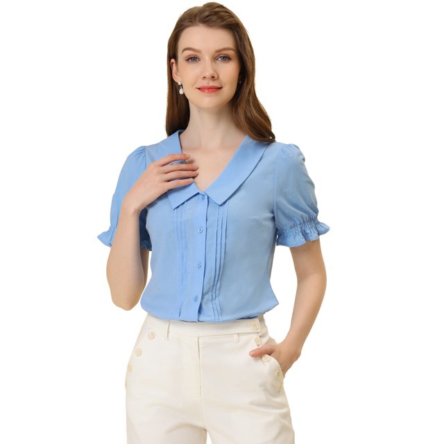 INSPIRE CHIC Chemisier Haut Plissé à Col à Revers en V à Manches Courtes pour Femme Bleu P