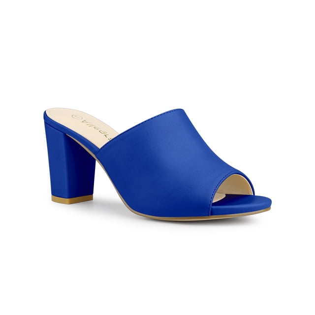 BLISSFUL STEP Women's Slip on Block Heel Slide Sandals in blue, size 9.5. Features a faux leather vamp, rubber outsole, and a 3-inch ABS block heel. The open-toe design and slip-on style make it versatile for work, shopping, or casual outings. Solid blue color with a simple strap and mid-block heel.