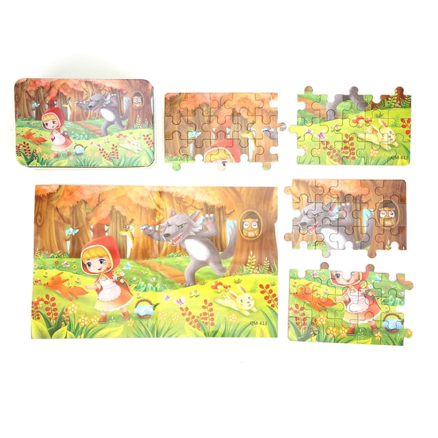 Fosa 600pcs Puzzles Kid Jigsaw Puzzles featuring a cute cartoon image of Little Red Riding Hood and the wolf in a vibrant forest setting. Includes 60 puzzle pieces, a finished product paper, and an iron box for storage. Made from fibreboard and paper, the puzzle pieces are burr-free and safe for children over 36 months. The back of the pieces features a digital design for added learning. Finished puzzle size is approximately 22 x 13 cm.
