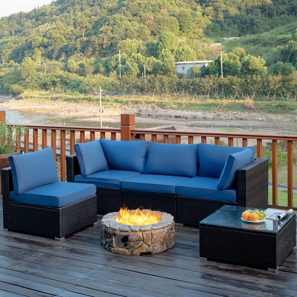 Costway 5PCS Patio Rattan Furniture Set Cushioned Sofa Chair Coffee Table Navy