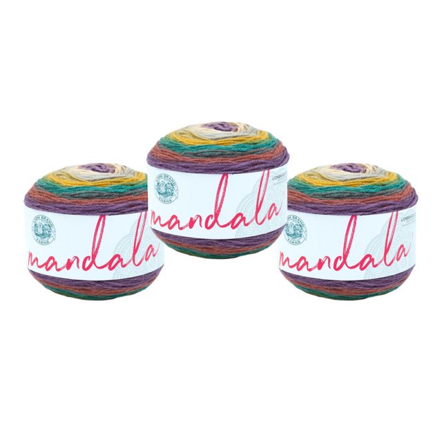 Lion Brand Yarn Mandala Multicolor Light DK Acrylic 3 Pack Yarn showing three round skeins with variegated purple, green, yellow, and brown colors, each wrapped with a white label featuring red 'mandala' text and the Lion Brand logo, suitable for crochet and knitting projects including scarves and shawls.