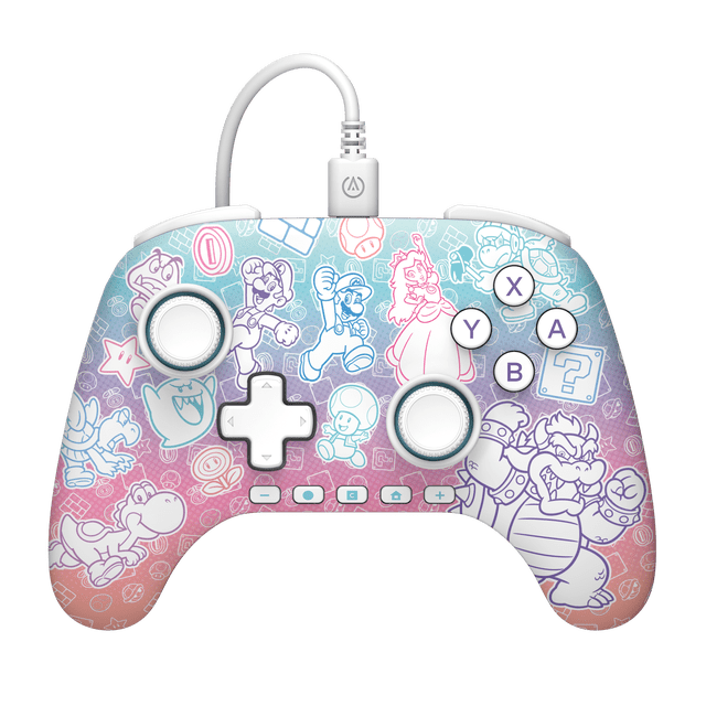 PowerA Advantage Wired Controller for Nintendo Switch 2 - Mushroom Kingdom edition with a front-facing view showing a multicolour pastel gradient background featuring outlined Nintendo characters including Mario, Luigi, Princess Peach, Bowser, Yoshi, Toad, and Boo. The controller has white X, Y, A, B buttons, a white directional pad, two white thumbsticks with anti-friction rings, and a 10 ft USB-C cable at the top. It features hall effect thumbsticks for precise control, mappable advanced gaming buttons, and on-board audio controls, suitable for immersive Nintendo Switch 2 gameplay.