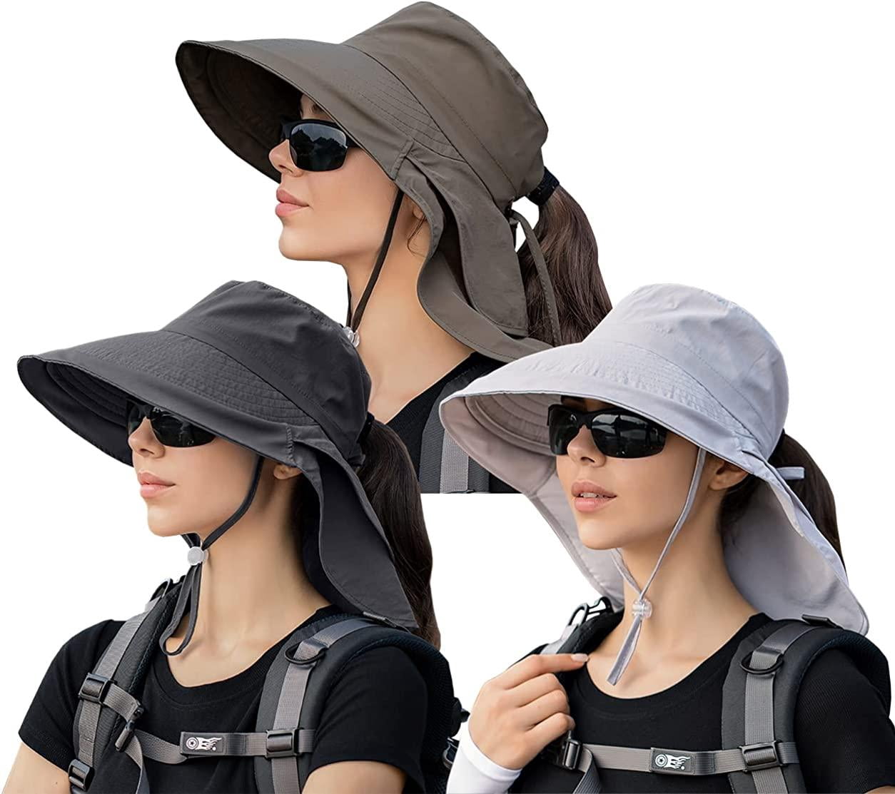 Lot de 3 Chapeaux de Soleil Queue de Cheval pour Femmes avec Rabat de Nuque, Grand Bord, Protection UV, Chapeau Bob, Été, Plage, Pêche, Randonnée, Jardin, UPF 50+