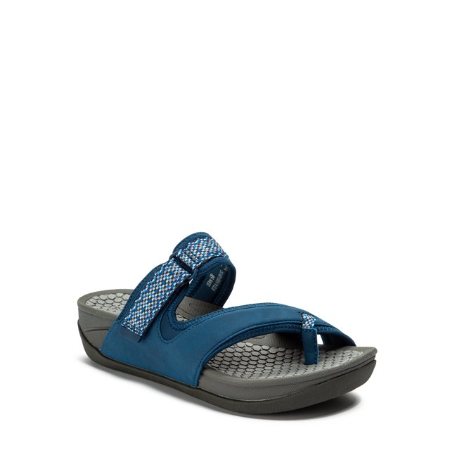 Sandale Tongs à Boucle d'Orteil Deserae pour Femmes au design Sportif, avec une Tige Bleue avec Fermeture à Bride Autoagrippante, une Semelle Extérieure Légère en TPR et une Semelle de Soutien à Rebond pour un Confort Accru. la Sandale Présente un Talon Compensé Caché et une Semelle de Soutien Grise Texturée pour un Soutien Accru.