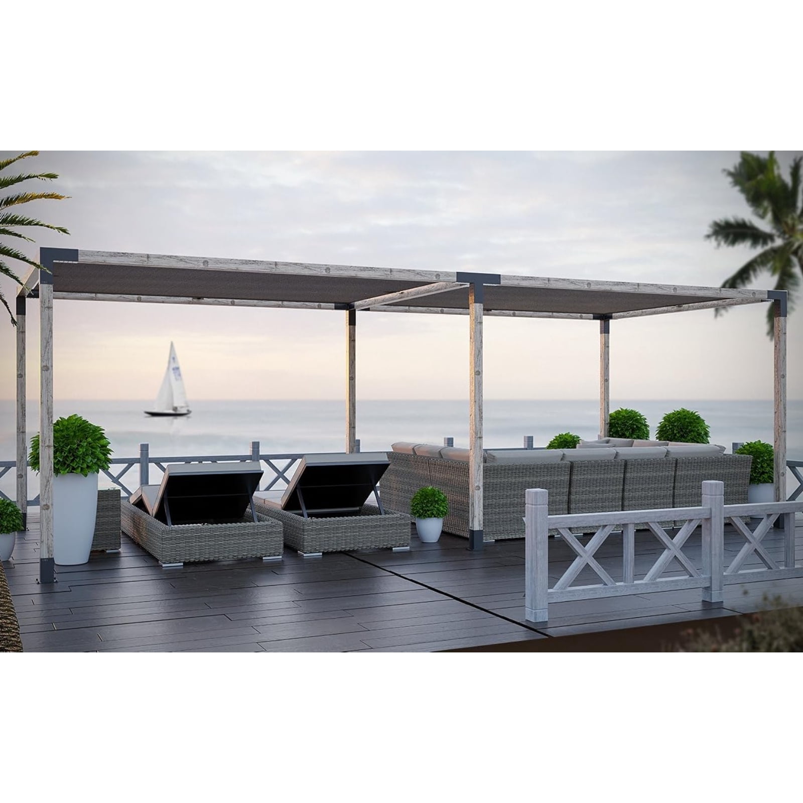 Toja 8' X 24' Double Pergola Kit With 2 Shade Sails For 4X4 Wood Posts