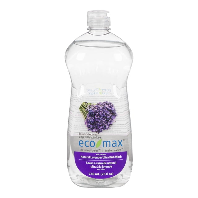 Eco-Max Natural Lavender Ultra Dish Wash in a clear 740 mL bottle with flip-top cap, purple label showing lavender flowers, plant-based biodegradable formula with aloe vera, tough on grease and gentle on hands, septic safe and vegan-friendly.