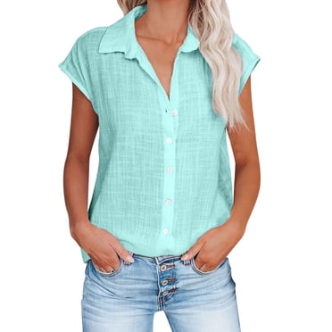 lcziwo Women Button Down Shirts Cotton Linen Cap Sleeve Summer Tops V Neck Collared Work Blouses Dressy Casual Summer T Shirt Blue,XL