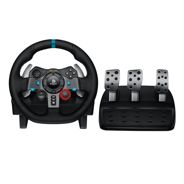 Logitech G29 Driving Force PlayStation 4 and PlayStation 3 Racing Wheel with black leather-wrapped steering wheel featuring PlayStation logo, stainless steel paddle shifters, and a separate pedal unit with three stainless steel pedals for realistic force feedback racing control.