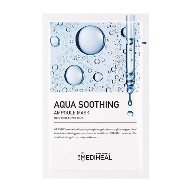 Mediheal Aqua Soothing Ampoule Mask 1 PC in a white sachet with blue water droplets and a pipette graphic, formulated with 5 types of hyaluronic acid and LYOCELL fabric for intensive hydration and moisture replenishment, ideal for soothing dry skin.