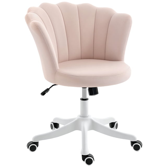 HOMCOM Office Chair, Swivel Desk Chair with Adjustable Height and petal-shaped backrest. Features a pink velvet upholstery with elegant curves, high-density foam for comfort, and a white base with smooth PU casters. Includes adjustable height from 18.9 to 22.8 inches, tilt function, and 360-degree swivel for mobility. Compact armless design for easy storage.