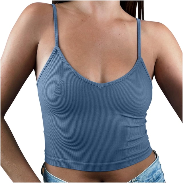 Timegard Cropped Camisole Tank Tops for Women V Neck Spaghetti Strap Shirts Sleeveless Solid Color Top
