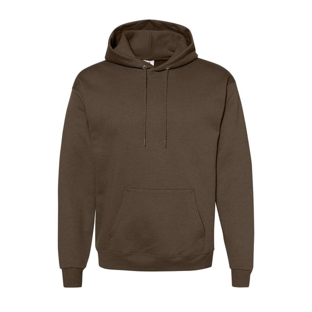 Hanes Ecosmart Hoodie Sweatshirt for Men in a solid brown colour. This eco-friendly men's casual hoodie features a front kangaroo pocket, adjustable drawstring hood, and ribbed cuffs and hem for a comfortable fit. Made by Hanes, ideal for layering or casual wear in cooler weather.