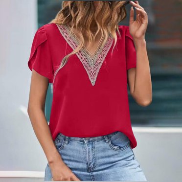 SYMOID Womens Casual High-Neck Short Sleeve Solid Color Lace Blouse for Summer,Red,Size S