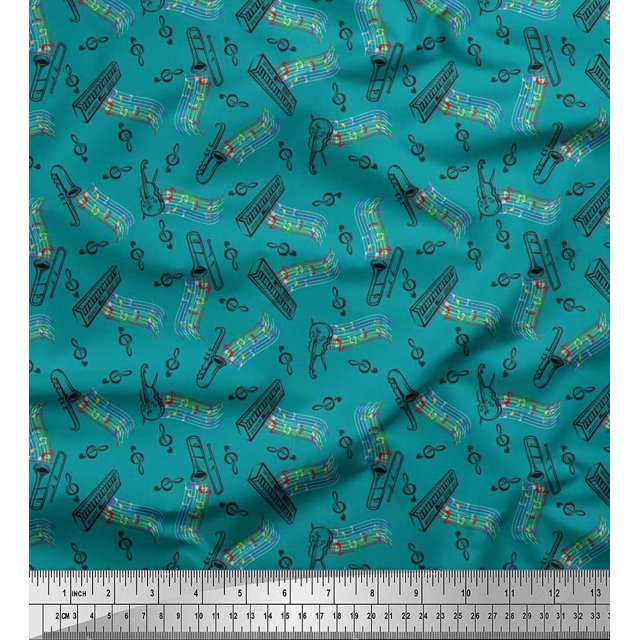Soimoi Tissu Poly Georgette Notes, Piano & Guitare Imprimé Instrument de Musique Tissu au Mètre 52 Pouces de Large
