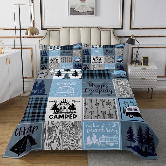 YST Kids Camper Coverlet Set King Happy Camping Quilt Set Rv Bunk Accessories Bedspread Set For Travel Trailers,Blue Grey Rustic Buffalo Plaid Pine Tree Bedding Set For Boys Girls