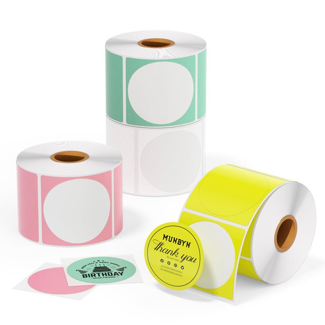 MUNBYN Étiquette Autocollante Thermique à Cercle de Couleur 2"x2", 3000 Étiquettes/4 Rouleaux, Étiquette Thermique Ronde Autocollante Directe, Autocollant Thermique pour Design de Logo DIY, Code QR, Étiquette de Nom, Inv