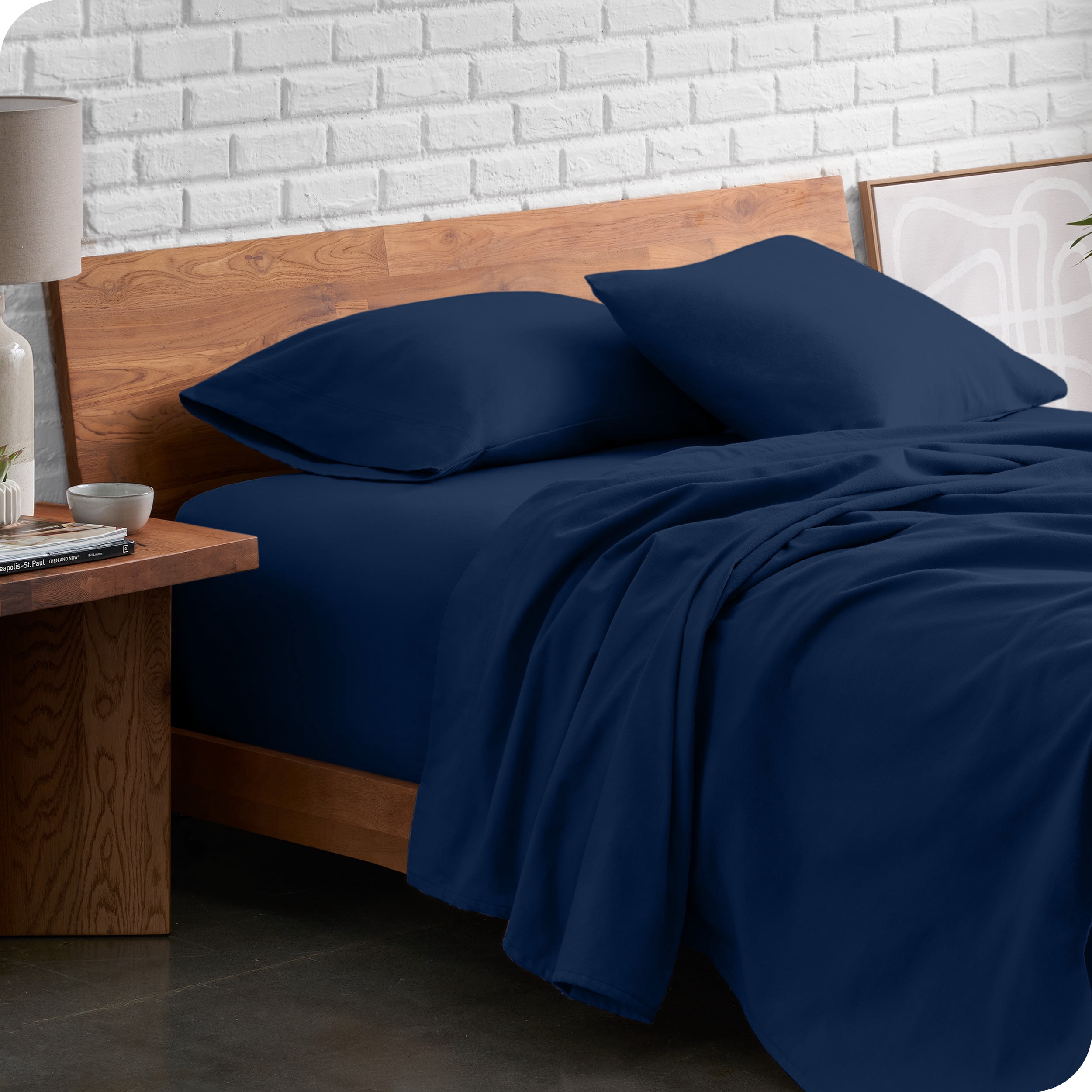 Bare Home Flannel Sheet Set - 100% Cotton - Deep Pocket - Queen, Dark Blue, 4-Pieces