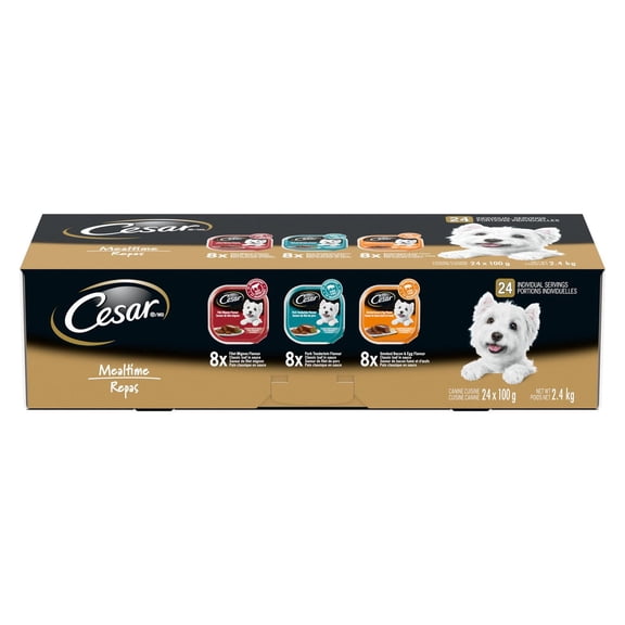 CESAR Classic Loaf in Sauce Wet Dog Food Mealtime Variety, with 8 Filet Mignon, 8 Pork Tenderloin & 8 Smoked Bacon & Egg Flavours, trays 24 Pack