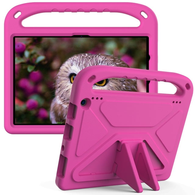 Case for Amazon Fire HD 10 (2021) 10.1 inches in rose red, made of non-toxic EVA material. This shockproof and drop-resistant tablet cover features a solid pattern, a built-in stand, and a handle for easy portability. Designed for the Fire HD 10 (11th Generation), it offers anti-dust protection and is compatible with Amazon Kindle devices.