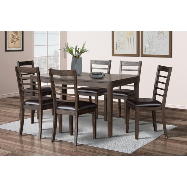 Daniel Ensemble de Salle à Manger 7 Pcs, Espresso avec une table Rectangulaire de 58 x 35 x 30 Pouces avec un Dessus de 25 mm d'Épaisseur et six Chaises en Bois d'Acacia et de Caoutchouc avec Pattes Évasées et Dossier en Échelle, Recouvert de Housses de Siège en Tissu Vinyle de Qualité Supérieure, Exposé sur un Tapis Gris dans une Salle à Manger Lumineuse avec Oeuvre Botanique Encadrée et un vase Décoratif avec des Plantes Vertes sur la table, Convient aux Repas en Famille Ou aux Invités de Réception.