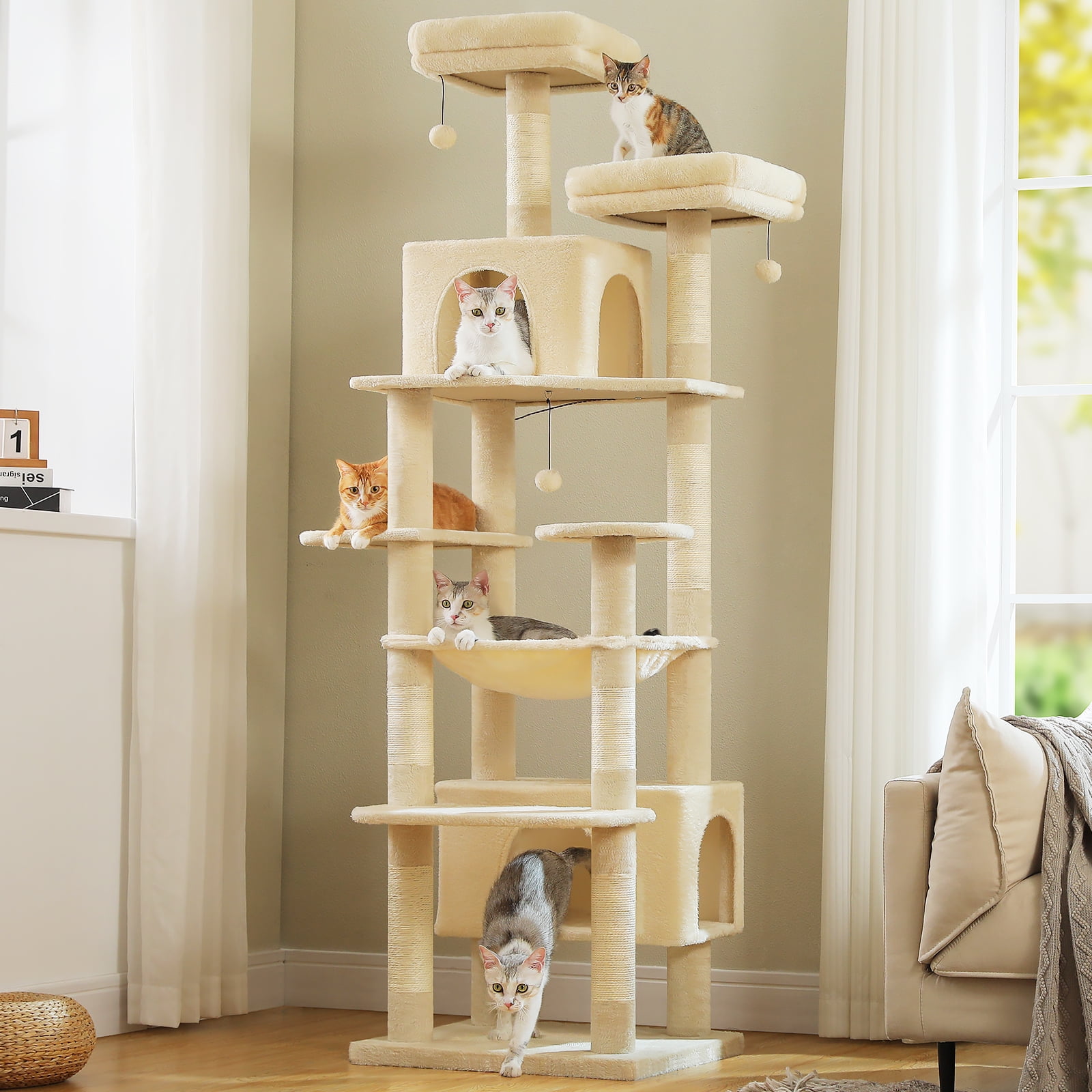 Pawz Road 81" Cat Tree For Indoor Cats Extra Large Cat Tower With 2 Condos And Spacious Hammock Beige Xl