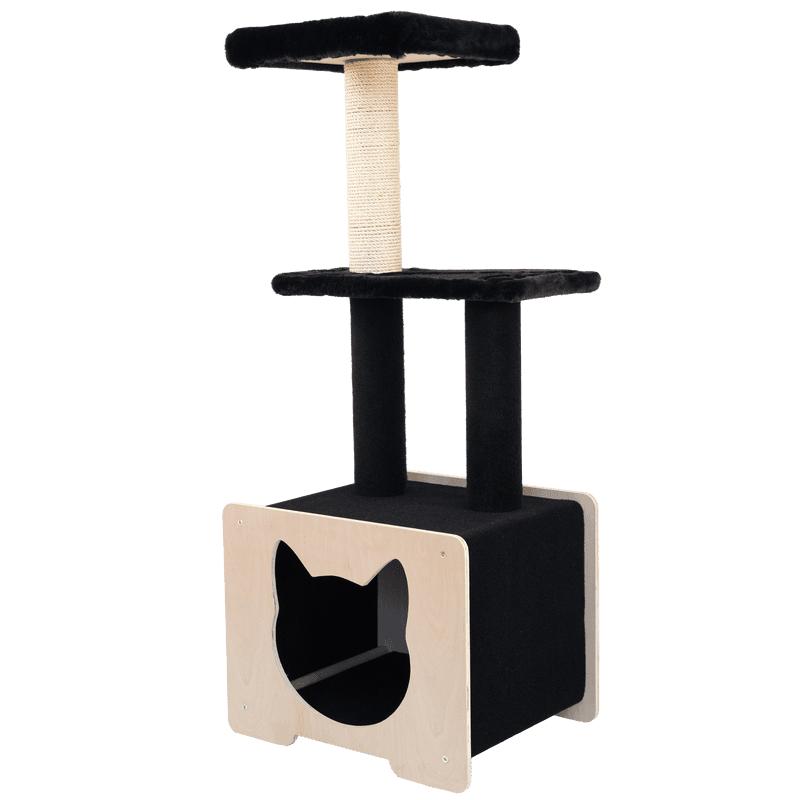 Hut Hideout - Arbre à chat de luxe à 3 niveaux (noir)