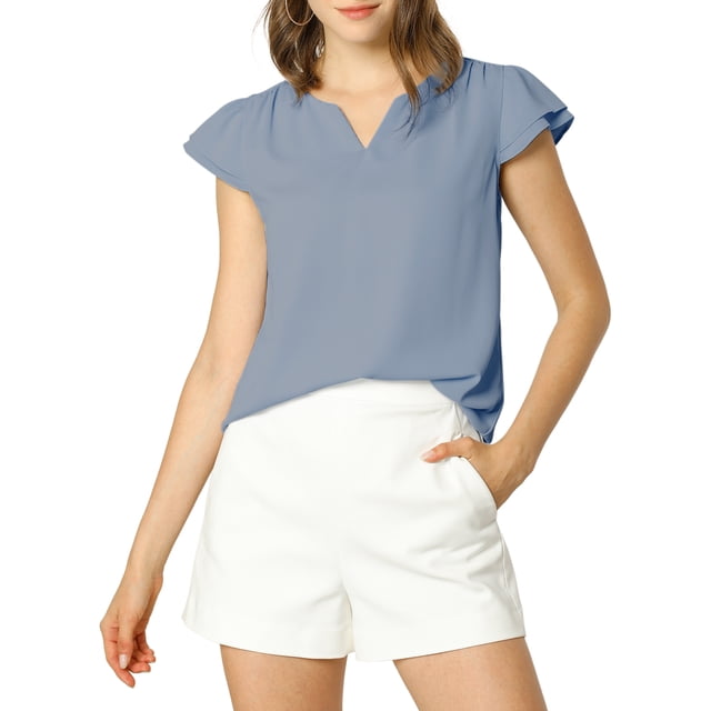 INSPIRE CHIC Women's Solid V Neck Cap Short Sleeves Work Blouse