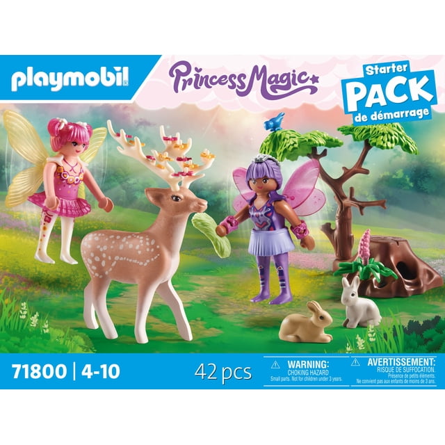Playmobil Starter Pack Fairies with Animals Play Set with two forest fairies wearing translucent wings and colorful outfits, a brown deer with white spots and flower-decorated antlers, two rabbits, a tree with green leaves, a tree stump, and a pink flower on a green forest floor, suitable for creative imaginative play.