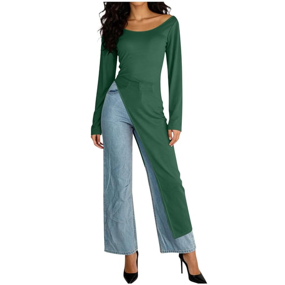 Mceream Long Dresses for Women Casual Trendy Fashion Crew Neck High Slit Midi Dresses Slim Fit Casual Solid Color Summer Dresses Green S