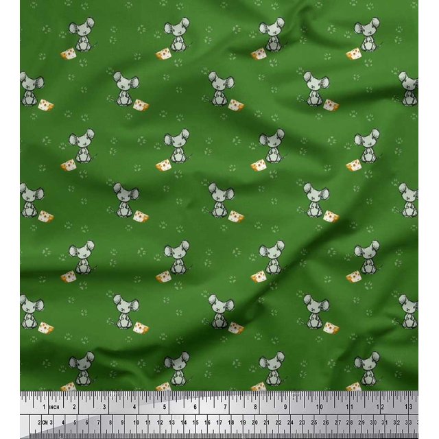 Soimoi Polyester Crepe Fabric Footprint,Cheese & Rat Kids Print Fabric by The Yard 52 Inch Wide