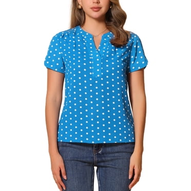 INSPIRE CHIC Women's Dots Printed Blouse V Neck Short Sleeve Wear-to-Work Top S Sky Blue