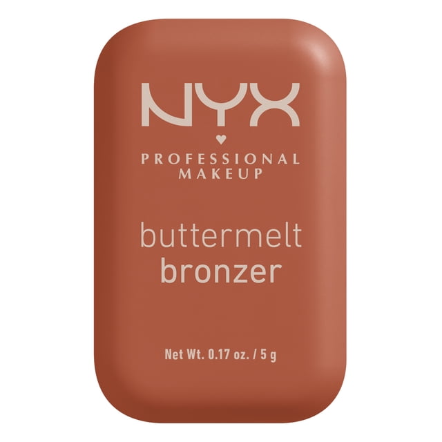 Buttermelt Powder Bronzer NYX Professional Makeup in a warm brown rectangular compact with rounded edges, labeled with beige text, weighing 0.17 oz / 5 g, designed for cheek contouring and long-lasting 12hr wear, often used to add natural warmth and definition.