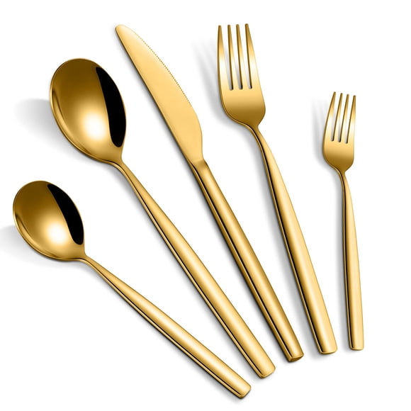 Gold Stainless Steel Flatware Set - 30-Piece Modern Silverware Cutlery for 6 - Durable, Dishwasher Safe, Smooth Edges - Complete Kitchen & Dining Tableware, 2-Pack - Color: System Default