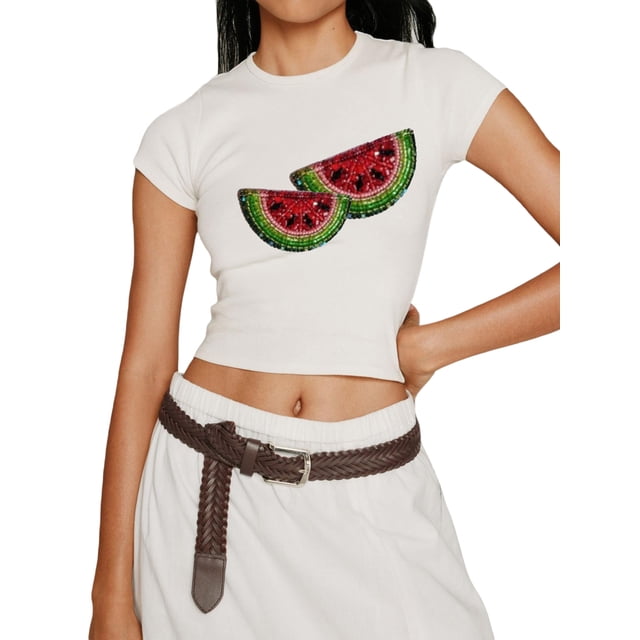 EYIIYE T-Shirts à Col Rond Aguichant pour Femmes, Manches Courtes, Hauts Courts, Blouses Mignonnes, Imprimé Fruit/grenouille, T-Shirts Ajustés, Mode Décontractée, Vêtements Mode Urbaine pour Adolescentes, Été, Quotidien