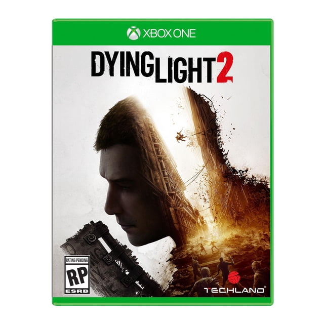 Dying Light 2 Couverture de Jeu Xbox One Représentant une Ville Post-Apocalyptique avec des Bâtiments en Ruine et des Survivants Naviguant dans les Ruines sous une Lumière Brillante, Incluant le logo Techland et le Symbole de Classement ESRB en Attente.