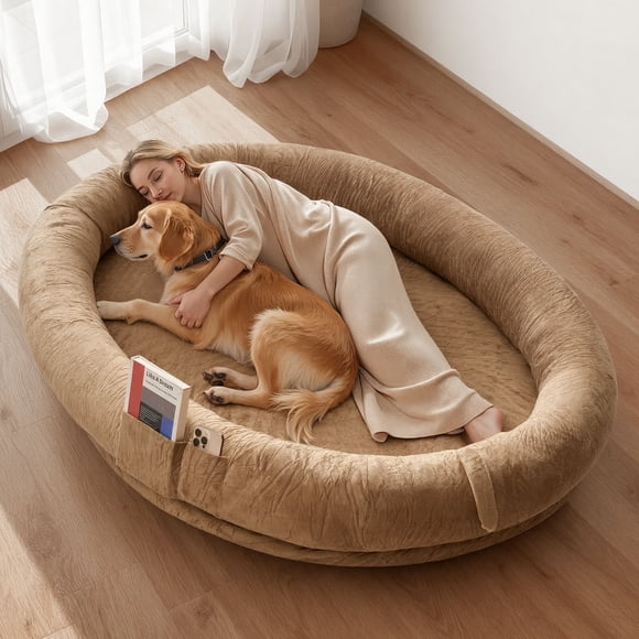 VEVOR Human Dog Bed, 69.69x48.43x9.45in Orthopedic Memory Foam Human Sized Dog Bed, Humans Pet Beds with Side Pocket, Handle & Zipper, Brown
