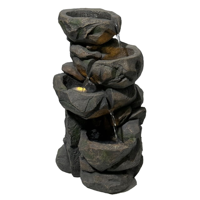 Angelo Décor Terraced Falls Fountain, a 20-inch tall outdoor water fountain with tiered basins made from durable Comp-Cast stone, fibre, and resin. Features soothing cascading water, energy-efficient pump, and integrated LED lighting, ideal for patio decor and creating a relaxing ambience while masking outdoor noise.