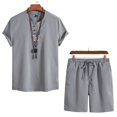 thumbnail image 1 of Weiqiqre Men's 2 Piece Outfits Linen Set Short Sleeve Shirt Top and Drawstring Waist Vacation Short Sets, 1 of 5
