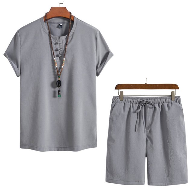 Weiqiqre Men's 2 Piece Outfits Linen Set Short Sleeve Shirt Top and Drawstring Waist Vacation Short Sets