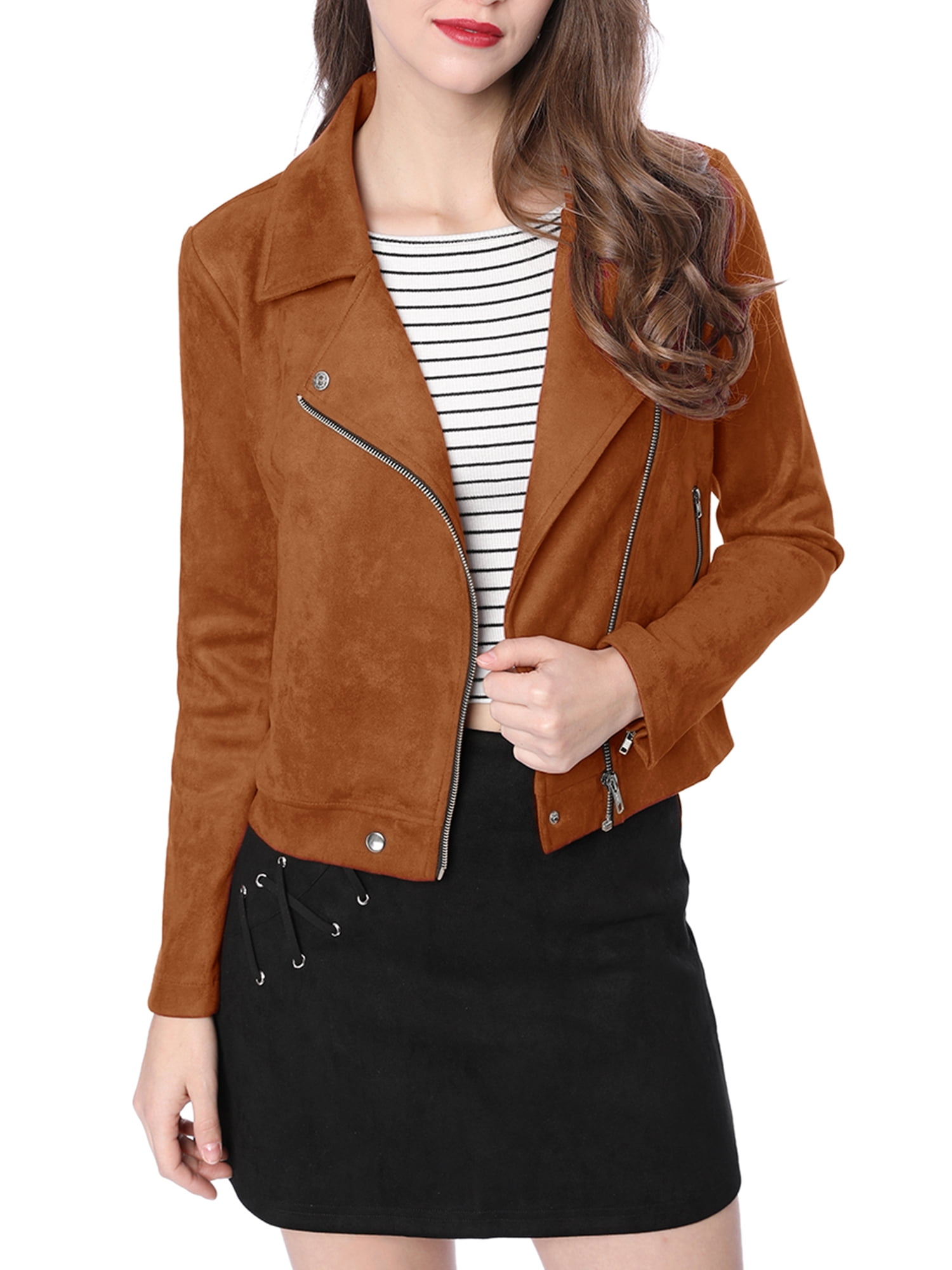 INSPIRE CHIC Women's Motorcycle Jacket Faux Suede Solid Color Asymmetric Zipper Jacket L Brown