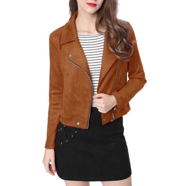 INSPIRE CHIC Women's Motorcycle Jacket Faux Suede Solid Color Asymmetric Zipper Jacket M Brown