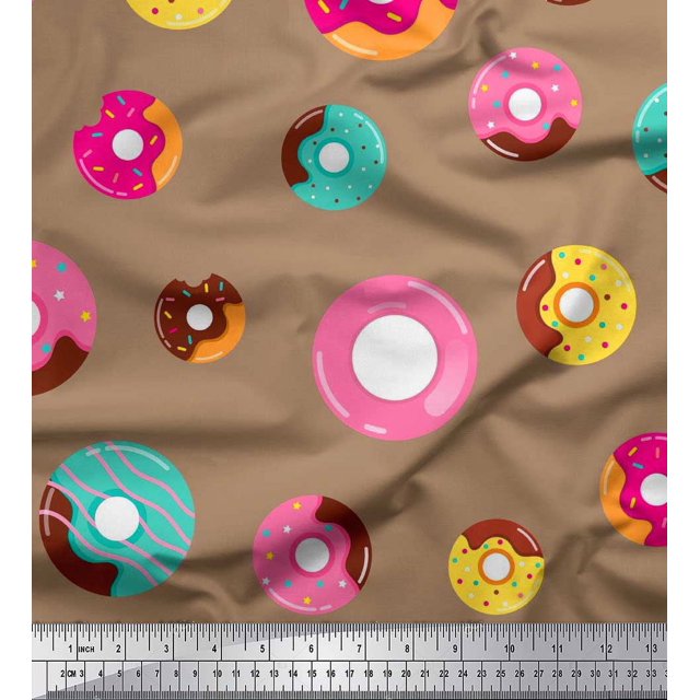 Soimoi Brown Rayon Fabric Donuts Food Print Fabric by Yard 56 Inch Wide