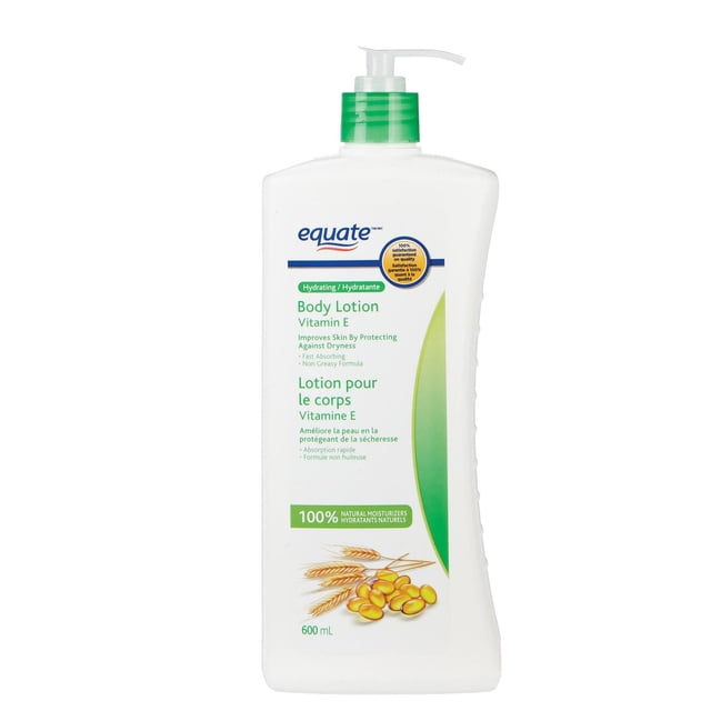 Equate Hydrating Vitamin E Body Lotion in a 600 mL white plastic pump bottle with green cap, labeled in English and French with fast absorbing, non-greasy formula and 100% natural moisturizers, featuring wheat stalks and vitamin E capsules illustration, ideal for protecting skin against dryness.