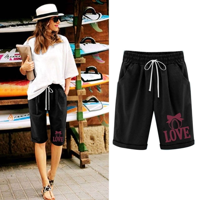LOVZFMLL Women Printed Elastic Waist Drawstring With Casual Pockets Shorts Black XL