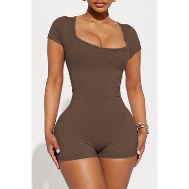 Women's Brown Ribbed Square Neck Short Sleeve Athleisure Romper