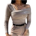 thumbnail image 2 of Mikilon Femmes Uni Ajusté Épaules Dénudées Chandail à Enfiler Manches Longues Blouse Hauts, 2 of 7
