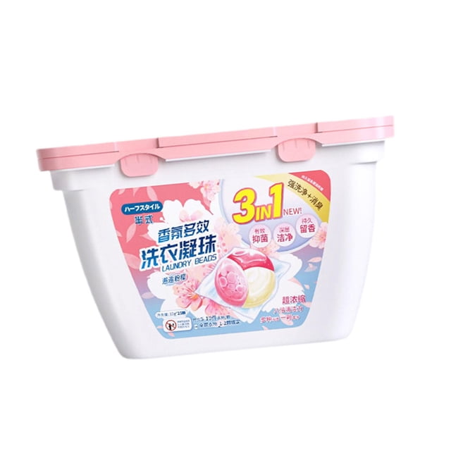 Siruishop Liquid Laundry Detergent Capsule 3 in 1 Concentrated Washing Liquid Capsules Cherry 25PCS Box. The image displays a white plastic container with a pink lid, showcasing vibrant branding and text promoting the 3-in-1 formula for cleaning, mite removal, and fresh scent. Contains 25 multicolour capsules suitable for all clothing types.