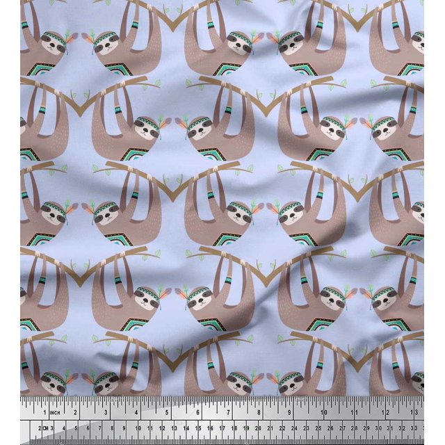 Soimoi Cotton Poplin Fabric Feather,Branch & Sloth Cartoon Decor Fabric Printed Yard 56 Inch Wide